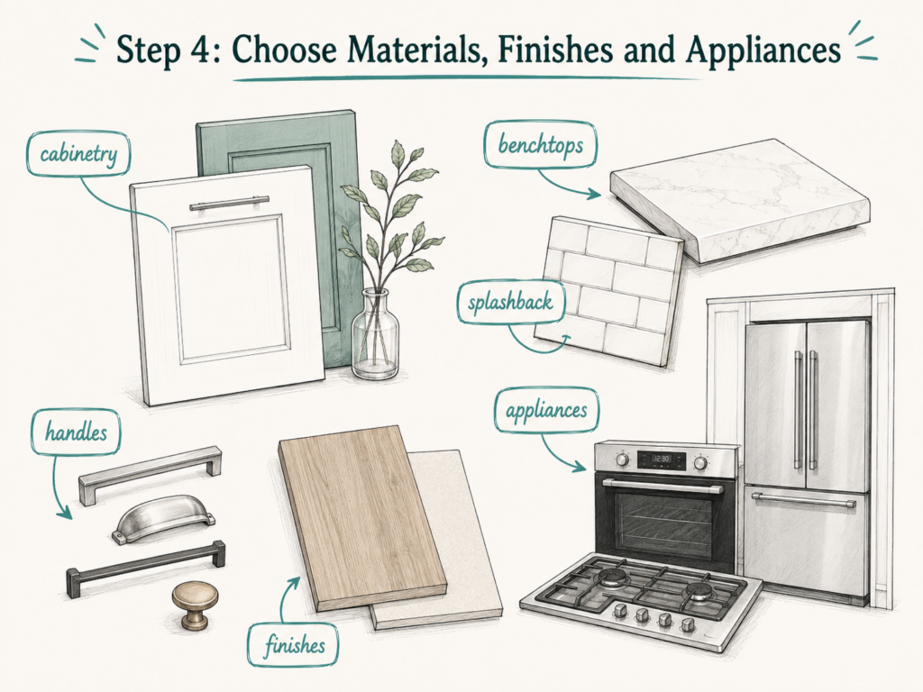 Kitchen materials, cabinetry, benchtops, finishes and appliance selection