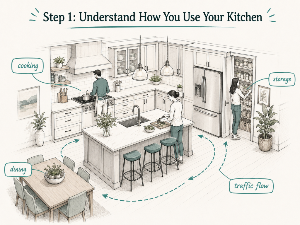 Custom kitchen layout showing family use, storage and traffic flow