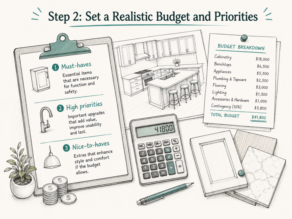 Kitchen renovation budget planning with priorities, materials and cost considerations