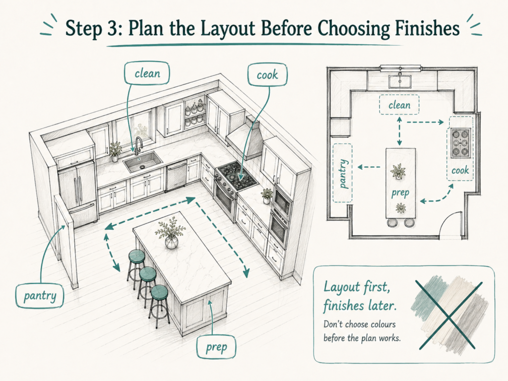 Kitchen layout planning showing preparation, cooking, cleaning and pantry zones
