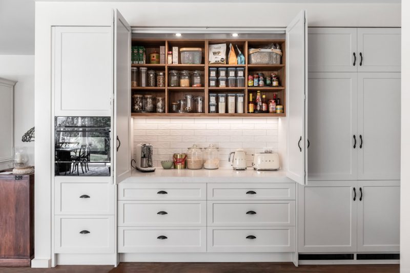Custom white shaker kitchen in Templestowe with appliance station and open pantry shelving