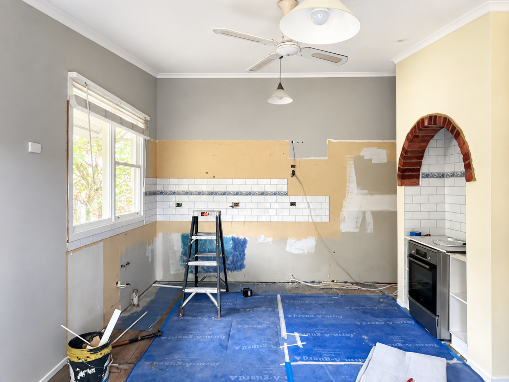 Kitchen renovation site after strip out and before new cabinetry installation